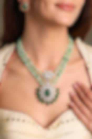 Gold Finish Green Kundan Polki & Beaded Long Necklace Set by Joules By Radhika at Pernia's Pop Up Shop