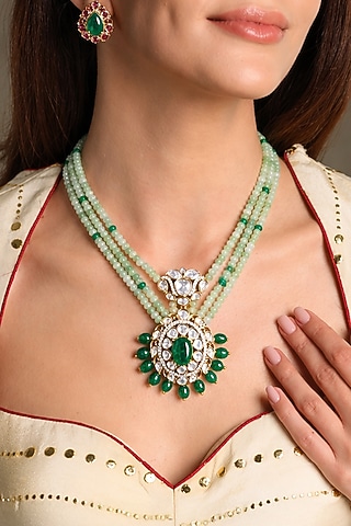 Gold Finish Green Kundan Polki & Beaded Long Necklace Set by Joules By Radhika