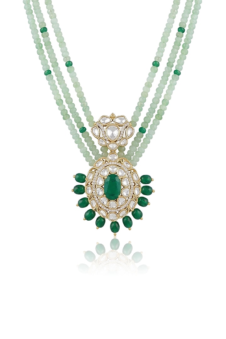 Gold Finish Green Kundan Polki & Beaded Long Necklace Set by Joules By Radhika at Pernia's Pop Up Shop