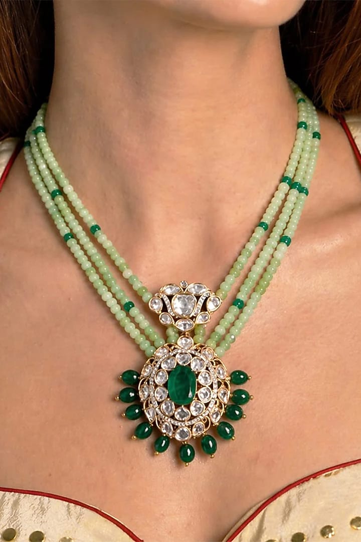 Gold Finish Green Kundan Polki & Beaded Long Necklace Set by Joules By Radhika at Pernia's Pop Up Shop