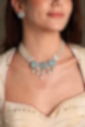 Gold Finish Turquoise Stone & White Beaded Choker Necklace Set by Joules By Radhika at Pernia's Pop Up Shop