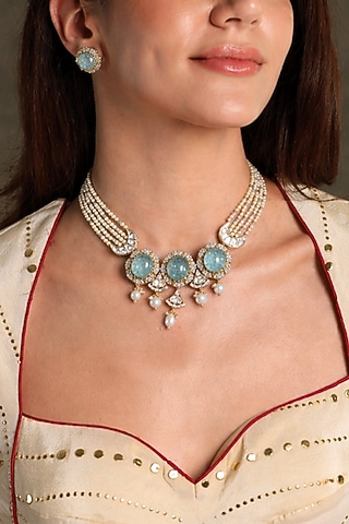 Gold Finish Turquoise Stone & White Beaded Choker Necklace Set by Joules By Radhika