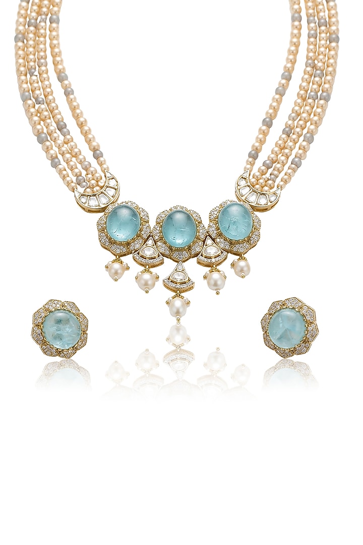 Gold Finish Turquoise Stone & White Beaded Choker Necklace Set by Joules By Radhika at Pernia's Pop Up Shop