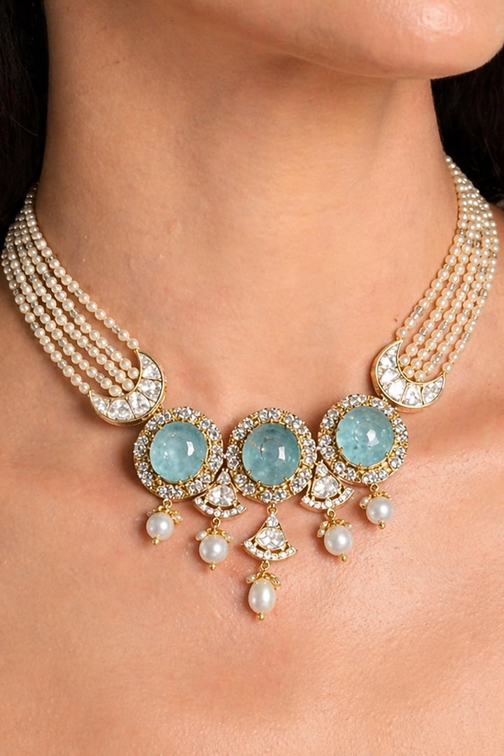 Gold Finish Turquoise Stone & White Beaded Choker Necklace Set by Joules By Radhika at Pernia's Pop Up Shop