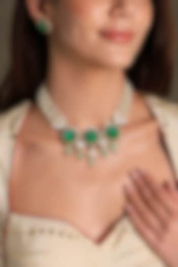 Gold Finish Green Stone & White Beaded Choker Necklace Set by Joules By Radhika at Pernia's Pop Up Shop