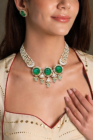 Gold Finish Green Stone & White Beaded Choker Necklace Set by Joules By Radhika