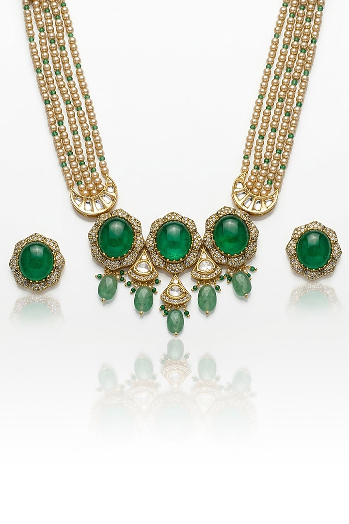 Gold Finish Green Stone & White Beaded Choker Necklace Set by Joules By Radhika at Pernia's Pop Up Shop