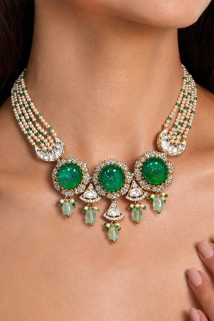 Gold Finish Green Stone & White Beaded Choker Necklace Set by Joules By Radhika at Pernia's Pop Up Shop
