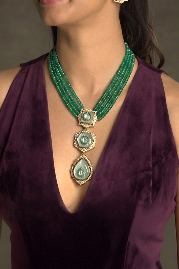 Gold Finish Kundan Polki & Green Beaded Choker Necklace Set by Joules By Radhika at Pernia's Pop Up Shop