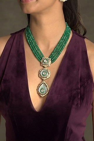 Gold Finish Kundan Polki & Green Beaded Choker Necklace Set by Joules By Radhika