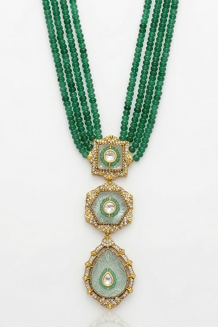 Gold Finish Kundan Polki & Green Beaded Choker Necklace Set by Joules By Radhika at Pernia's Pop Up Shop