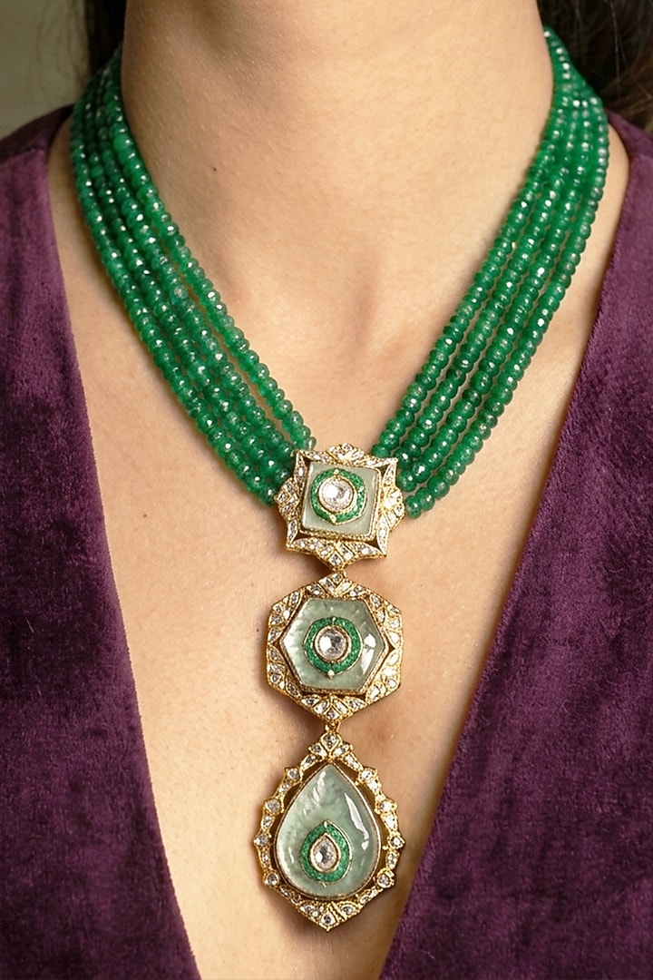 Gold Finish Kundan Polki & Green Beaded Choker Necklace Set by Joules By Radhika at Pernia's Pop Up Shop