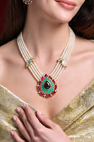 Gold Finish Multi-Colored Kundan Polki & White Beaded Choker Necklace Set by Joules By Radhika