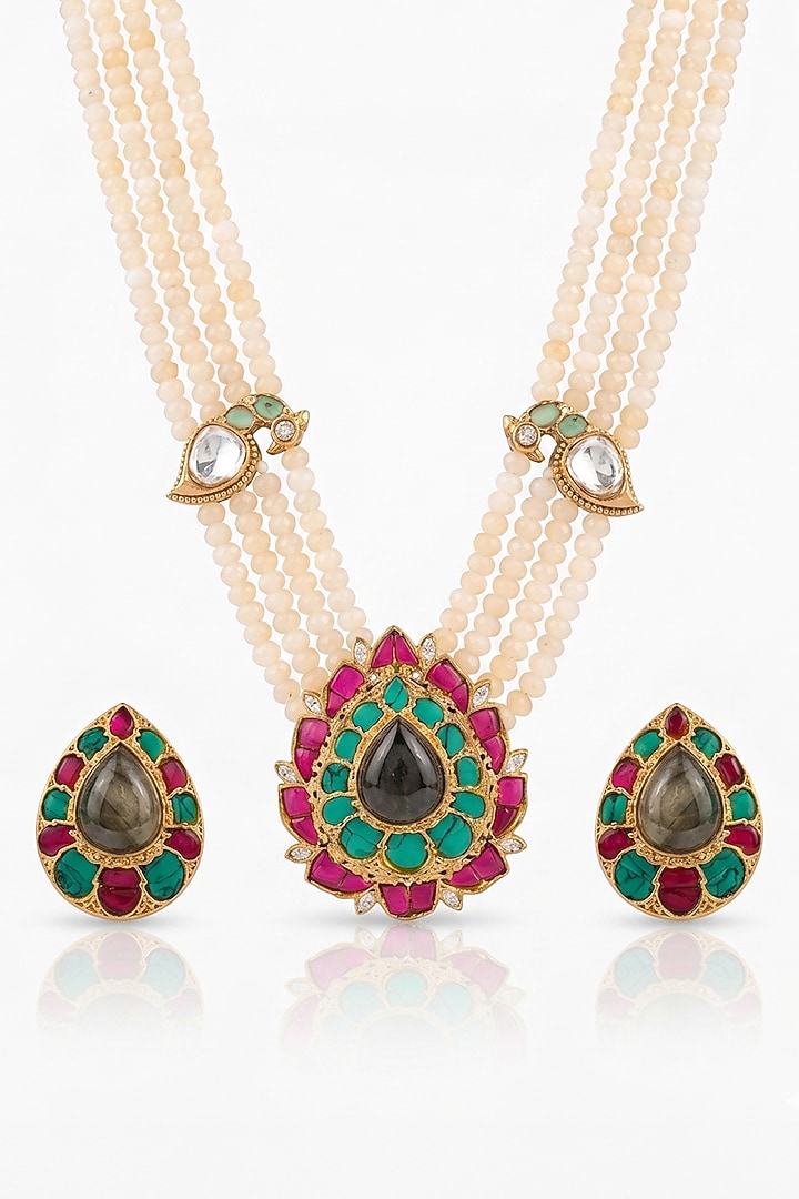 Gold Finish Multi-Colored Kundan Polki & White Beaded Choker Necklace Set by Joules By Radhika at Pernia's Pop Up Shop