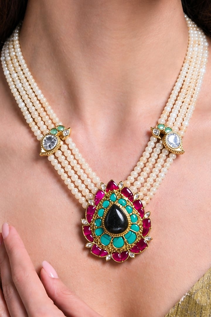 Gold Finish Multi-Colored Kundan Polki & White Beaded Choker Necklace Set by Joules By Radhika at Pernia's Pop Up Shop
