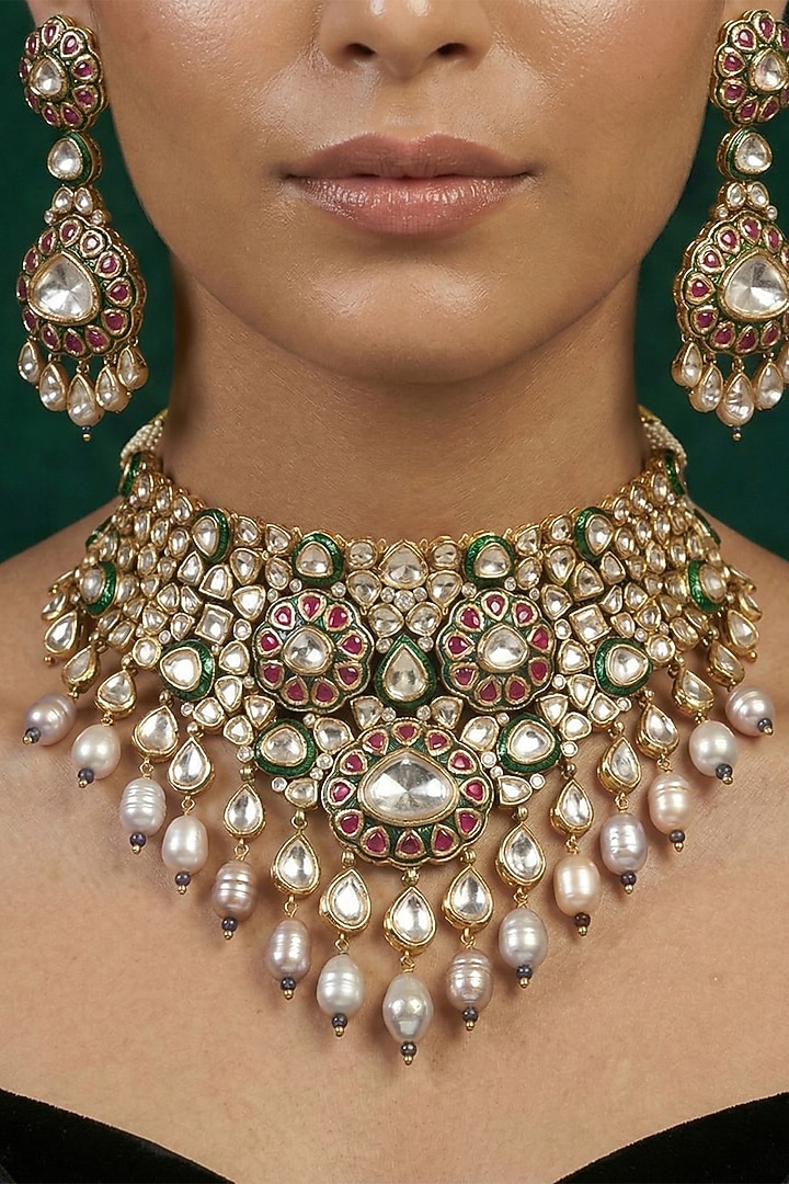 Gold Finish Kundan Polki Choker Necklace Set by Joules By Radhika at Pernia's Pop Up Shop