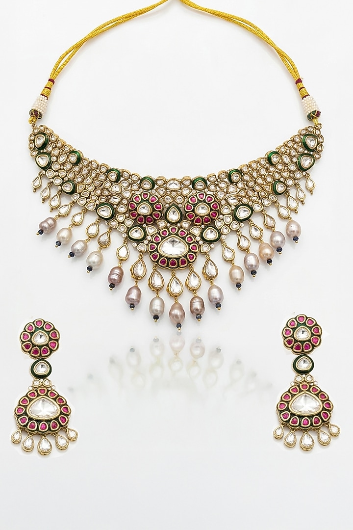 Gold Finish Kundan Polki Choker Necklace Set by Joules By Radhika at Pernia's Pop Up Shop