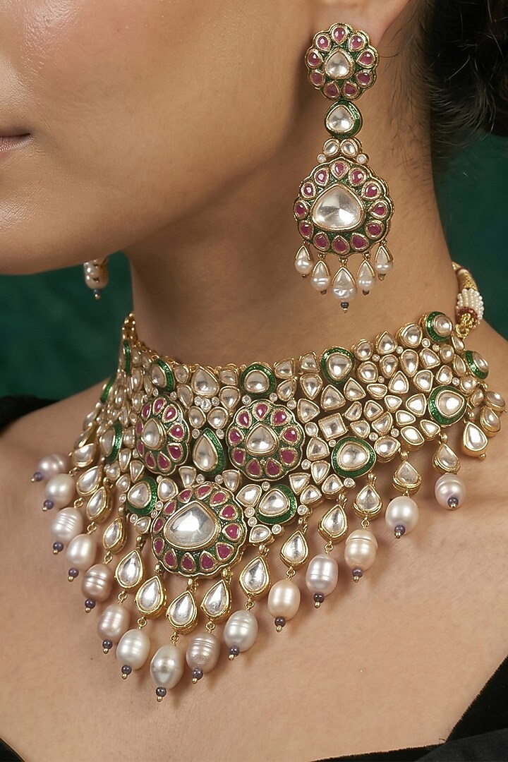 Gold Finish Kundan Polki Choker Necklace Set by Joules By Radhika at Pernia's Pop Up Shop