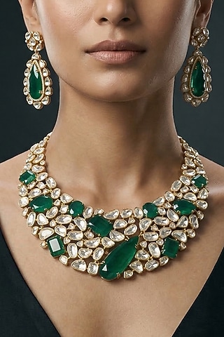 Gold Finish Kundan Polki & Green Stone Necklace Set by Joules By Radhika