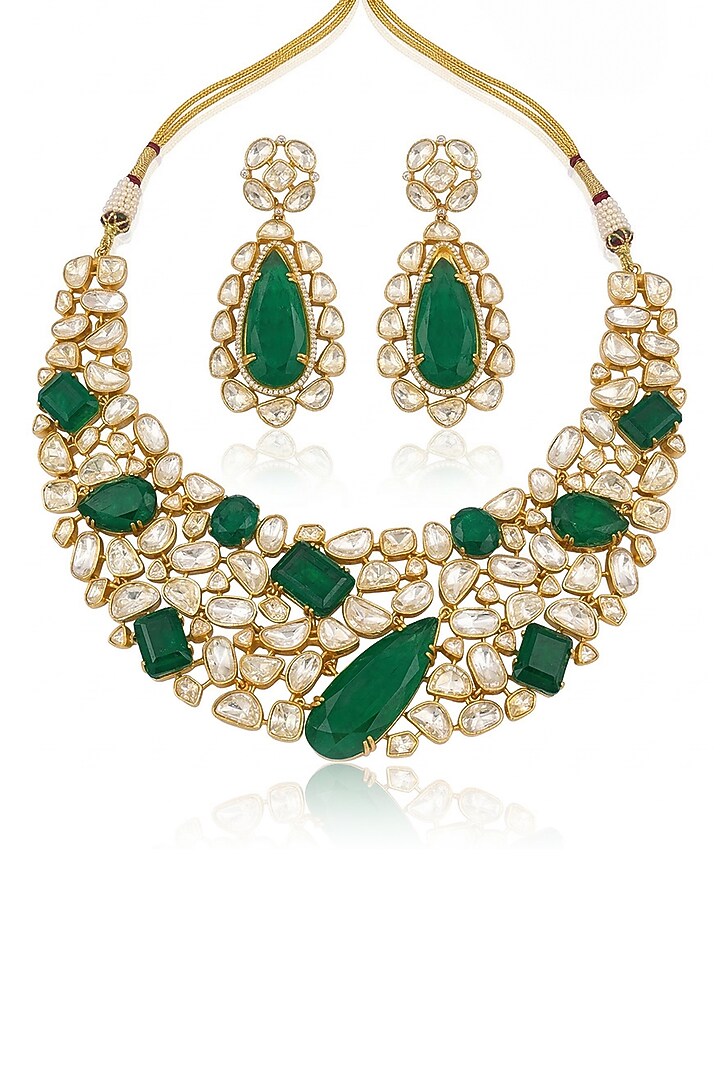 Gold Finish Kundan Polki & Green Stone Necklace Set by Joules By Radhika at Pernia's Pop Up Shop
