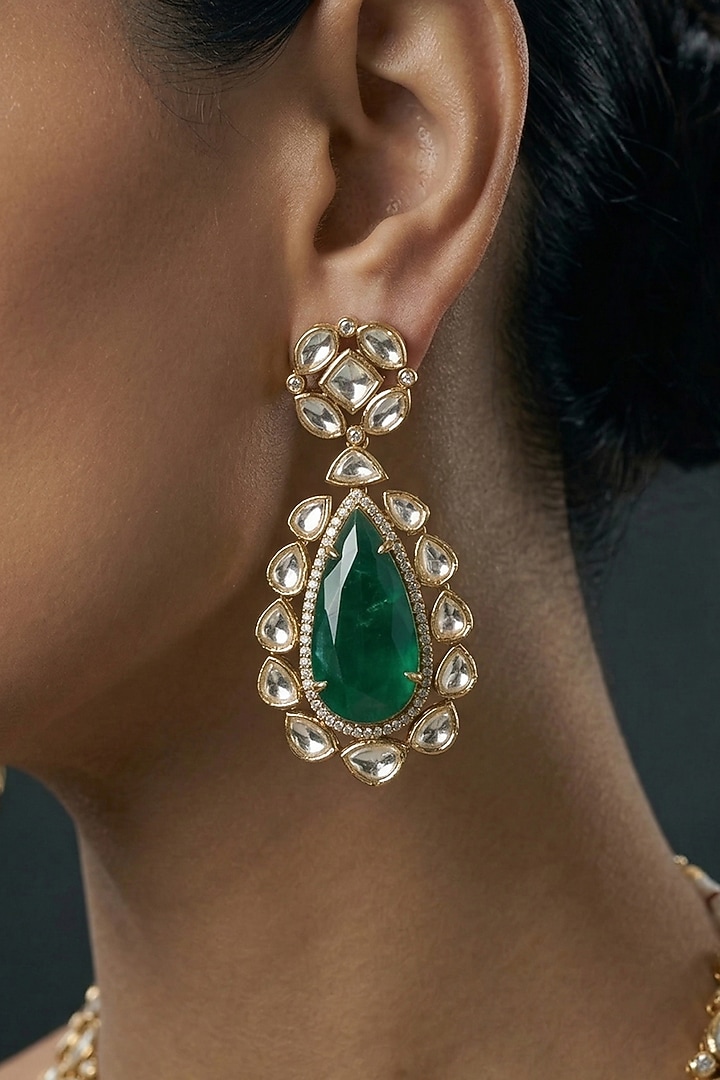 Gold Finish Kundan Polki & Green Stone Necklace Set by Joules By Radhika at Pernia's Pop Up Shop