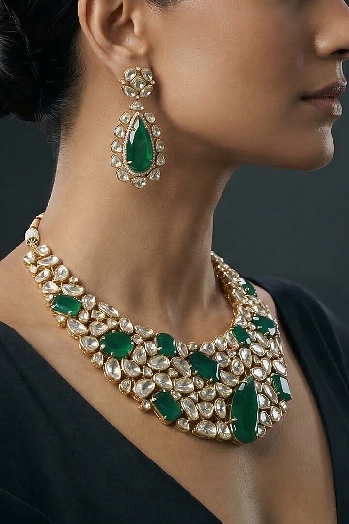 Gold Finish Kundan Polki & Green Stone Necklace Set by Joules By Radhika at Pernia's Pop Up Shop