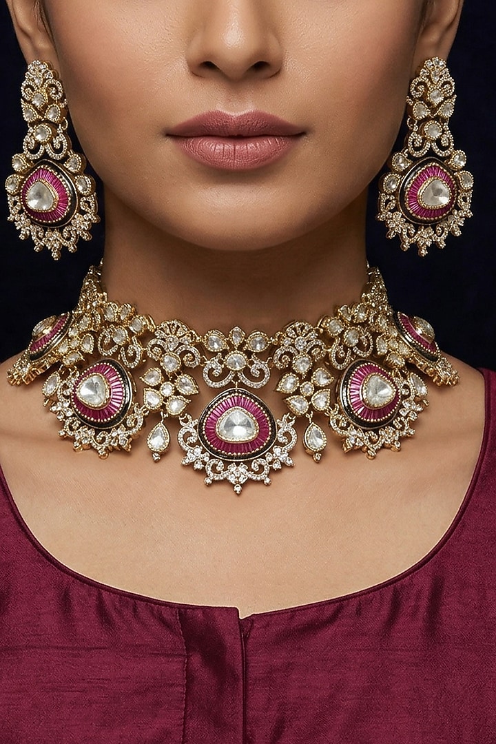 Gold Finish Kundan Polki & Red Beaded Necklace Set by Joules By Radhika at Pernia's Pop Up Shop
