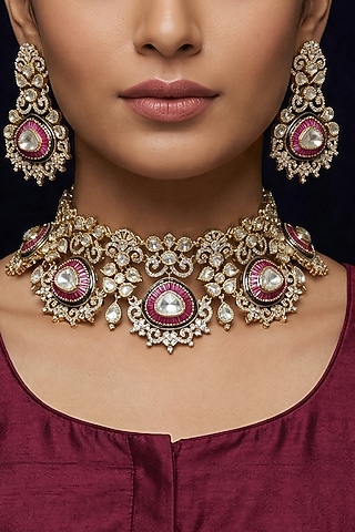 Gold Finish Kundan Polki & Red Beaded Necklace Set by Joules By Radhika