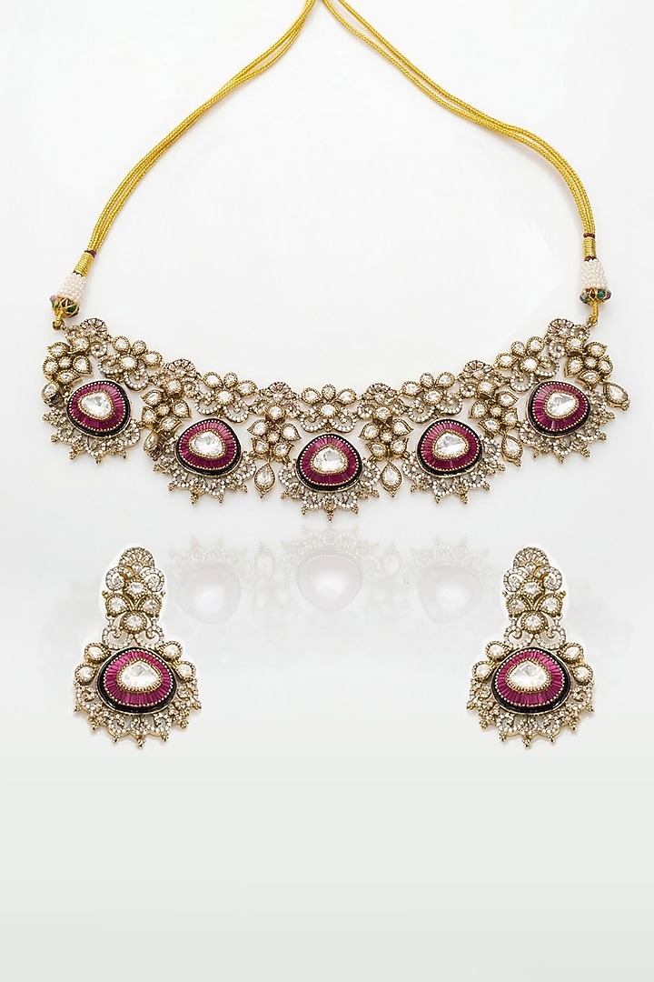 Gold Finish Kundan Polki & Red Beaded Necklace Set by Joules By Radhika at Pernia's Pop Up Shop