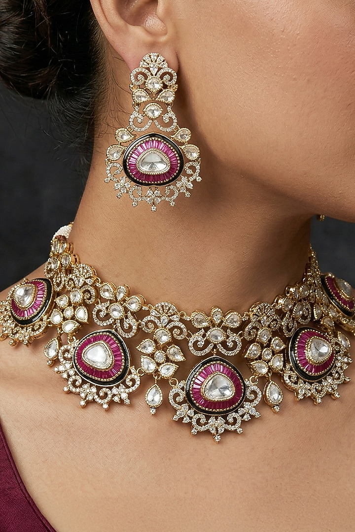 Gold Finish Kundan Polki & Red Beaded Necklace Set by Joules By Radhika at Pernia's Pop Up Shop