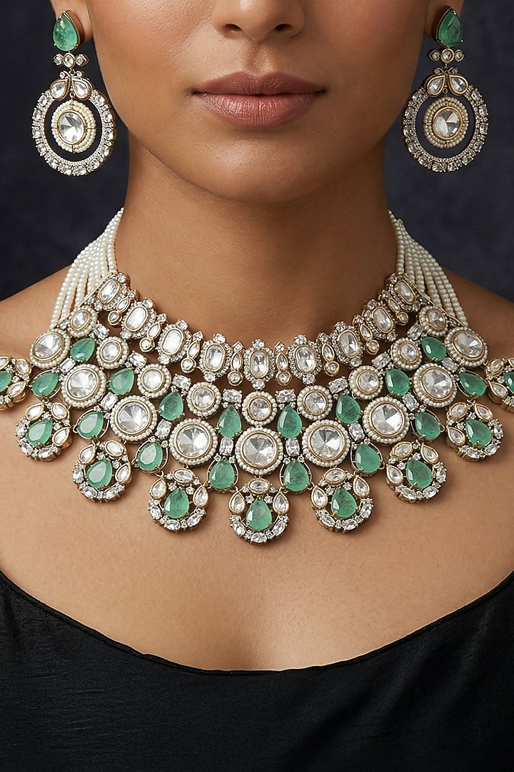 Gold Finish Mint Green Kundan Polki & Pearl Choker Necklace Set by Joules By Radhika at Pernia's Pop Up Shop