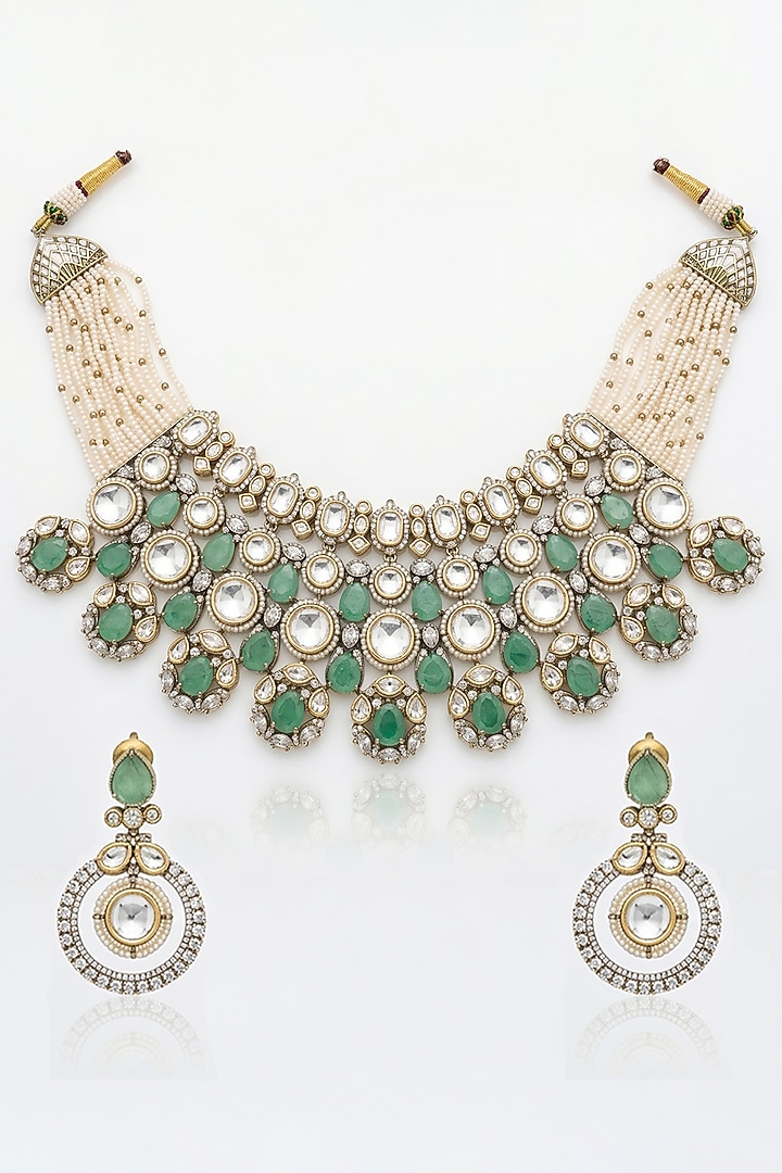 Gold Finish Mint Green Kundan Polki & Pearl Choker Necklace Set by Joules By Radhika at Pernia's Pop Up Shop