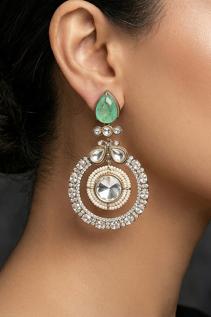 Gold Finish Mint Green Kundan Polki & Pearl Choker Necklace Set by Joules By Radhika at Pernia's Pop Up Shop
