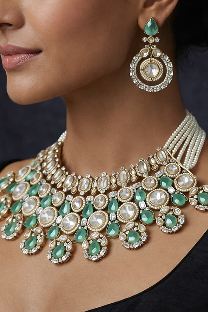 Gold Finish Mint Green Kundan Polki & Pearl Choker Necklace Set by Joules By Radhika at Pernia's Pop Up Shop