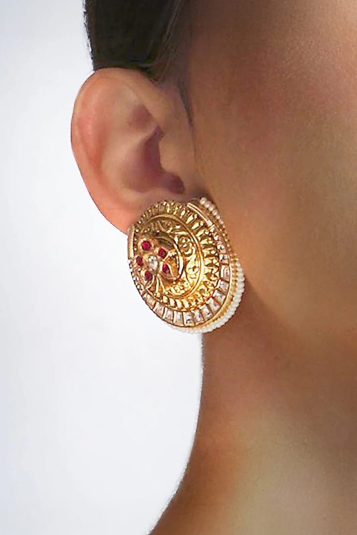 Gold Plated Kundan Polki & Hydro Ruby Stone Stud Earrings by Joules By Radhika at Pernia's Pop Up Shop