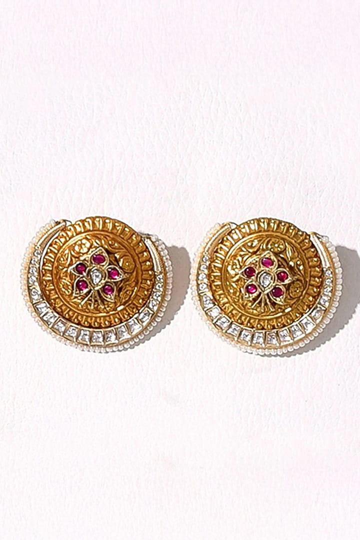 Gold Plated Kundan Polki & Hydro Ruby Stone Stud Earrings by Joules By Radhika at Pernia's Pop Up Shop