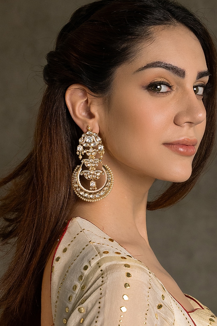 Gold Finish Kundan Polki Chandbali Earrings by Joules By Radhika at Pernia's Pop Up Shop