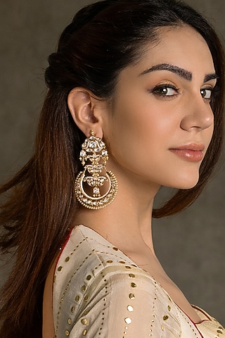 Gold Finish Kundan Polki Chandbali Earrings by Joules By Radhika