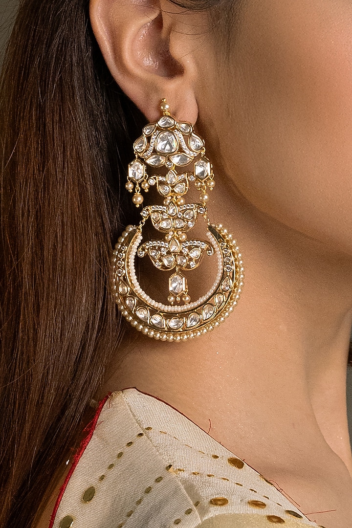 Gold Finish Kundan Polki Chandbali Earrings by Joules By Radhika at Pernia's Pop Up Shop