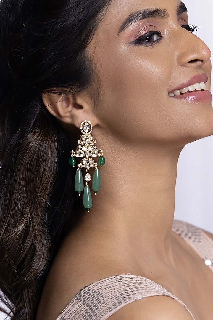 Gold Finish Kundan Polki & Jade Stone Dangler Earrings by Joules By Radhika at Pernia's Pop Up Shop