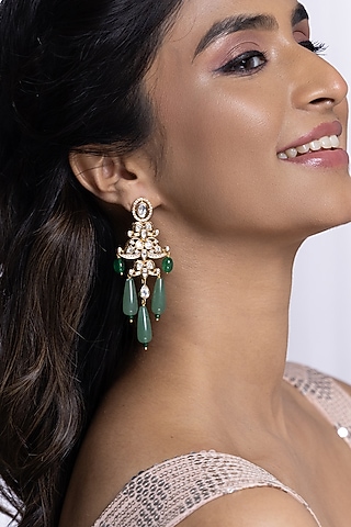 Gold Finish Kundan Polki & Jade Stone Dangler Earrings by Joules By Radhika