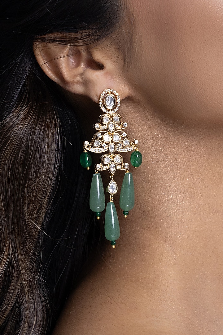 Gold Finish Kundan Polki & Jade Stone Dangler Earrings by Joules By Radhika at Pernia's Pop Up Shop