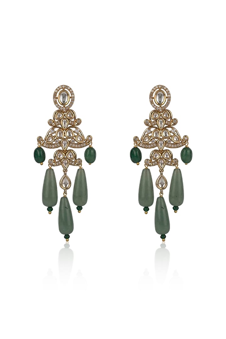 Gold Finish Kundan Polki & Jade Stone Dangler Earrings by Joules By Radhika at Pernia's Pop Up Shop