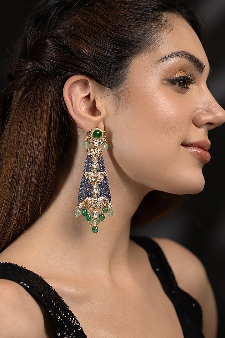 Gold Finish Kundan Polki & Dark Blue Beaded Dangler Earrings by Joules By Radhika at Pernia's Pop Up Shop