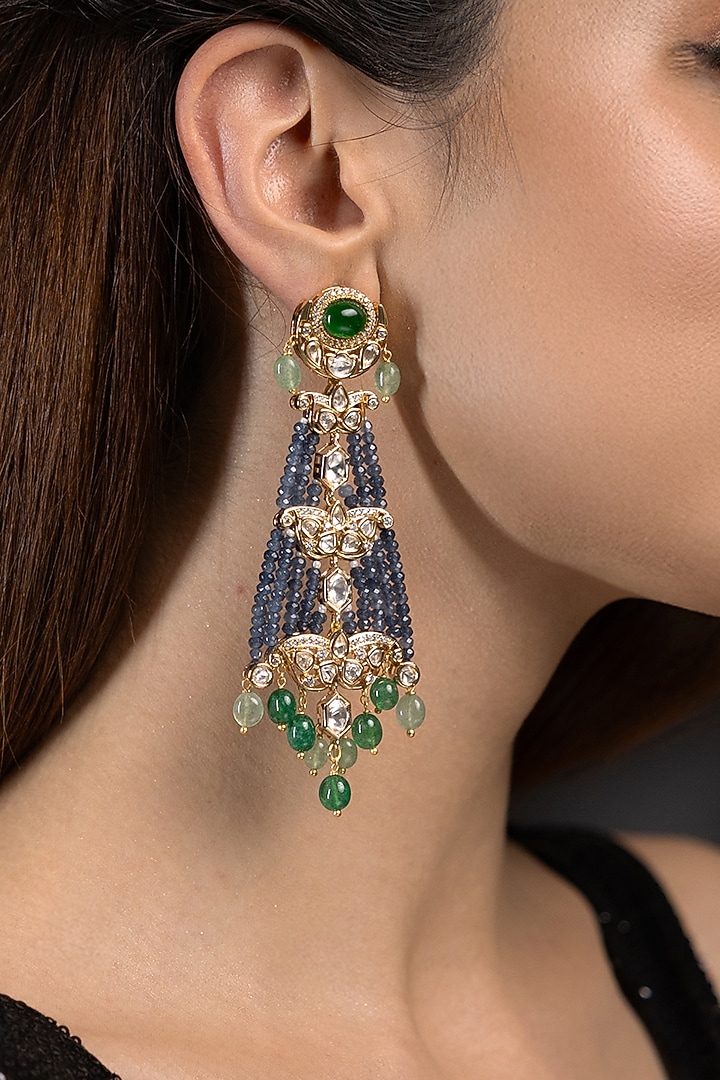 Gold Finish Kundan Polki & Dark Blue Beaded Dangler Earrings by Joules By Radhika at Pernia's Pop Up Shop