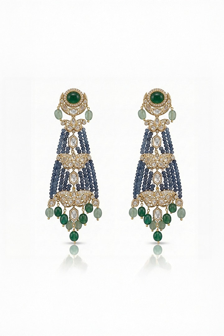 Gold Finish Kundan Polki & Dark Blue Beaded Dangler Earrings by Joules By Radhika at Pernia's Pop Up Shop