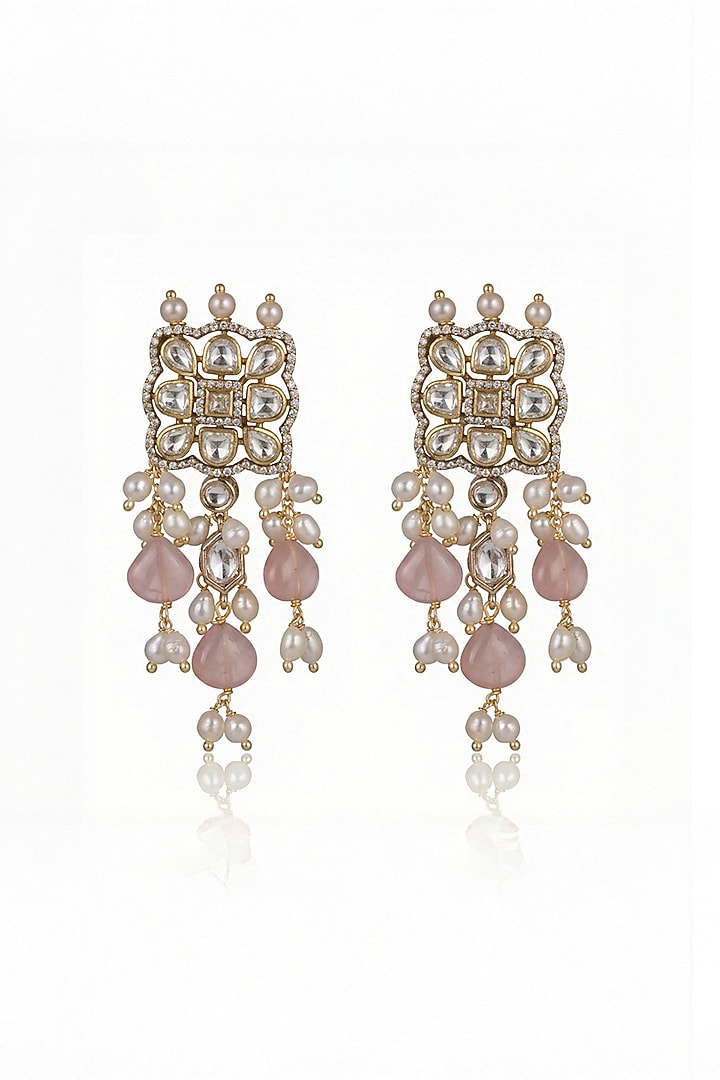 Gold Finish Kundan Polki & Pink Stone Dangler Earrings by Joules By Radhika at Pernia's Pop Up Shop