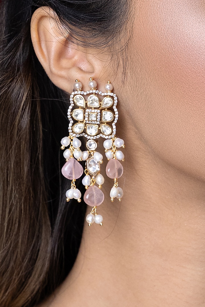 Gold Finish Kundan Polki & Pink Stone Dangler Earrings by Joules By Radhika at Pernia's Pop Up Shop