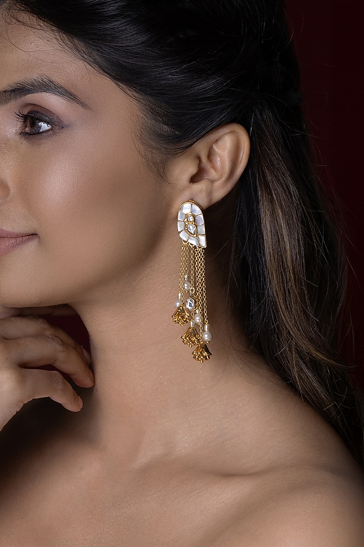 Gold Finish Kundan Polki & Faux Pearl Dangler Earrings by Joules By Radhika at Pernia's Pop Up Shop