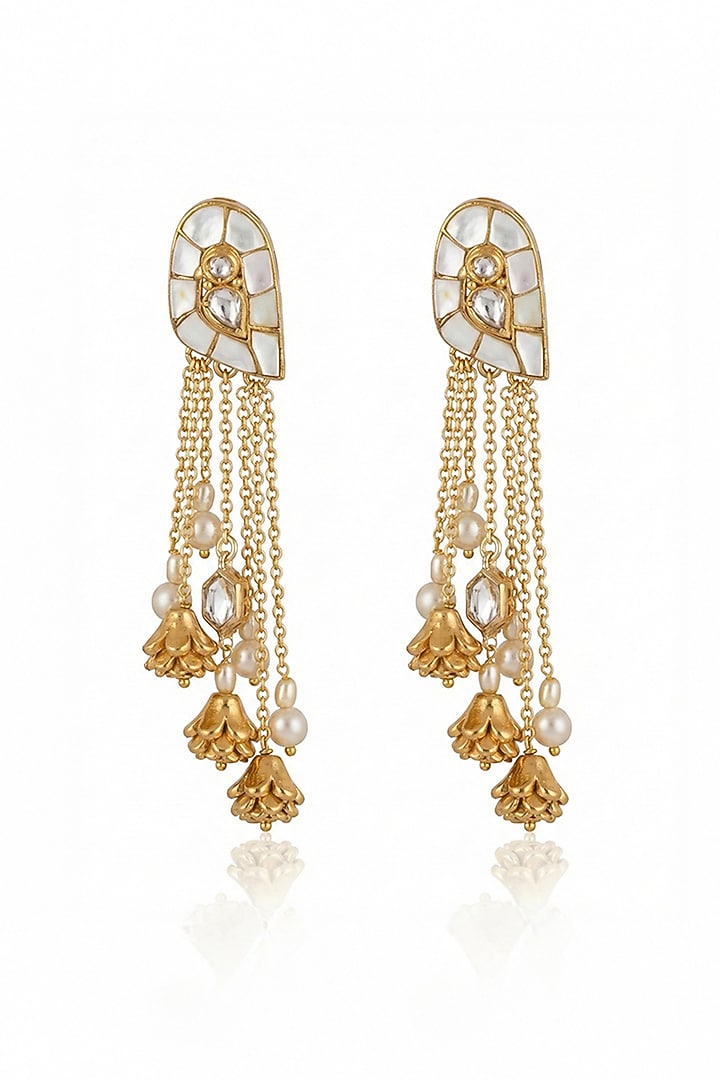Gold Finish Kundan Polki & Faux Pearl Dangler Earrings by Joules By Radhika at Pernia's Pop Up Shop